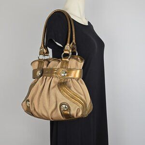 Kathy Van Zeeland Shoulder Handbag Gold Bronze Faux Leather Textile Chunky Y2K